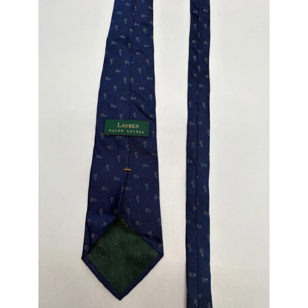 Lauren Ralph Lauren Mens Navy Blue Geometric 100% Silk Necktie Made in USA 58in